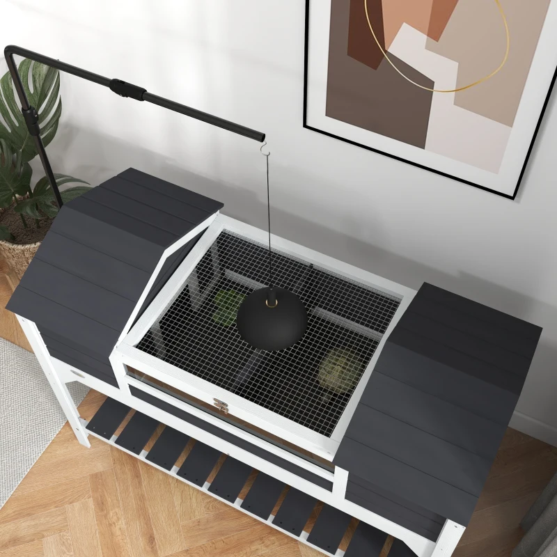 PawHut Tortoise Enclosure Tortoise House with Adjustable Lamp Holder Storage Shelf, Dual Main Houses, Openable Lid, Gray