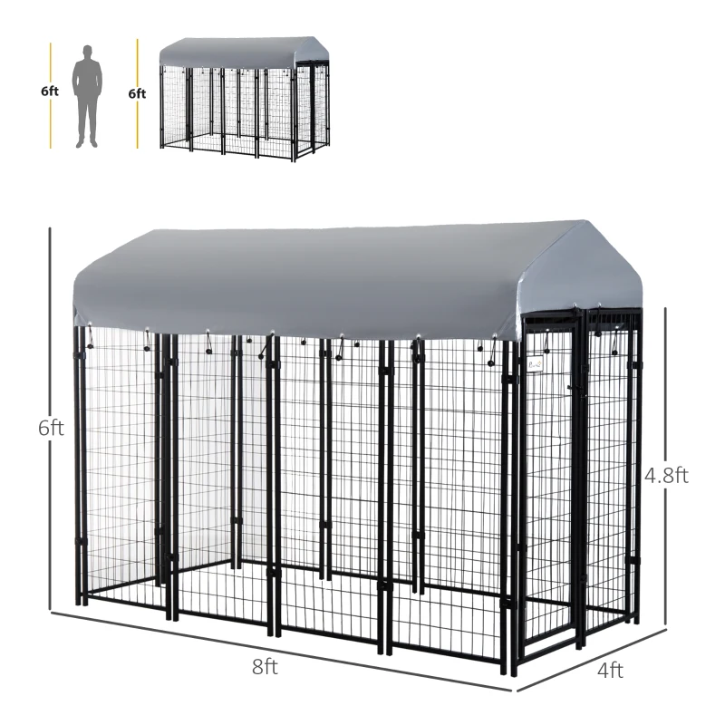 PawHut Outdoor Dog Kennel with Roof, 8' x 4' x 6' Heavy Duty Welded Wire Dog Playpen Enclosure with Escape-proof Lock, UV-Resistant & Waterproof Cover, for Large Dogs, Silver
