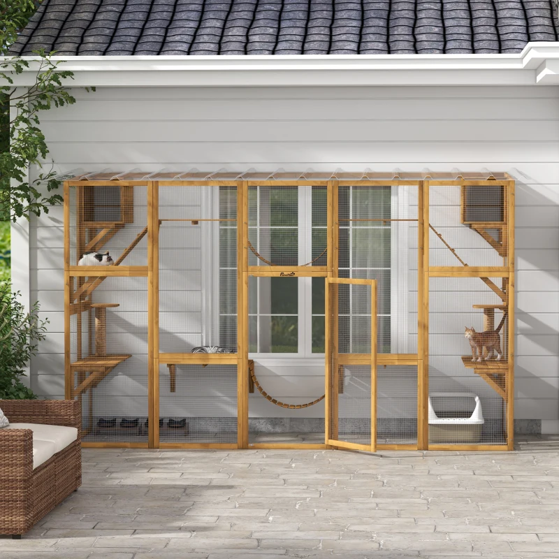 PawHut Catio Playground Cat Window Box Outside Enclosure for Multiple Cats w/ Shelves & Bridges, Yellow