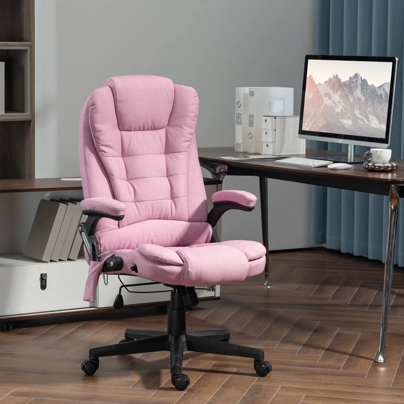 HOMCOM 6 Point Vibrating Massage Office Chair with Heat, Linen High Back Massage Desk Chair with Reclining Backrest, Pink