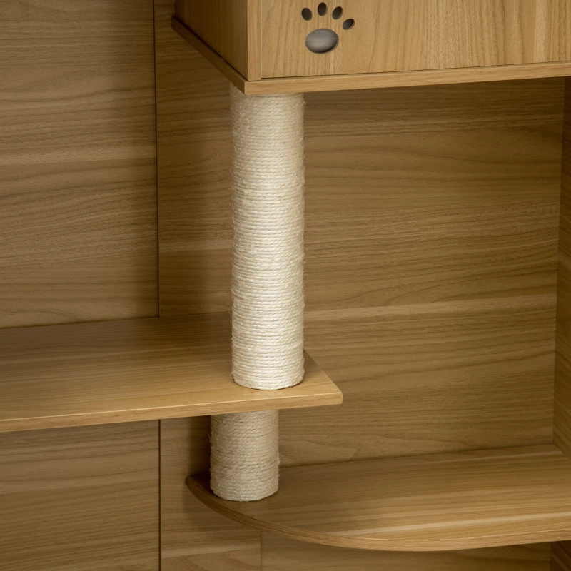 PawHut Luxury Cat House with Wheels,  Kitty Cage Catio Villa for Indoor Cats with Scratching Posts, Condo, Flap Door, Cushion, Oak, 31.5" x 20" x 48.5"