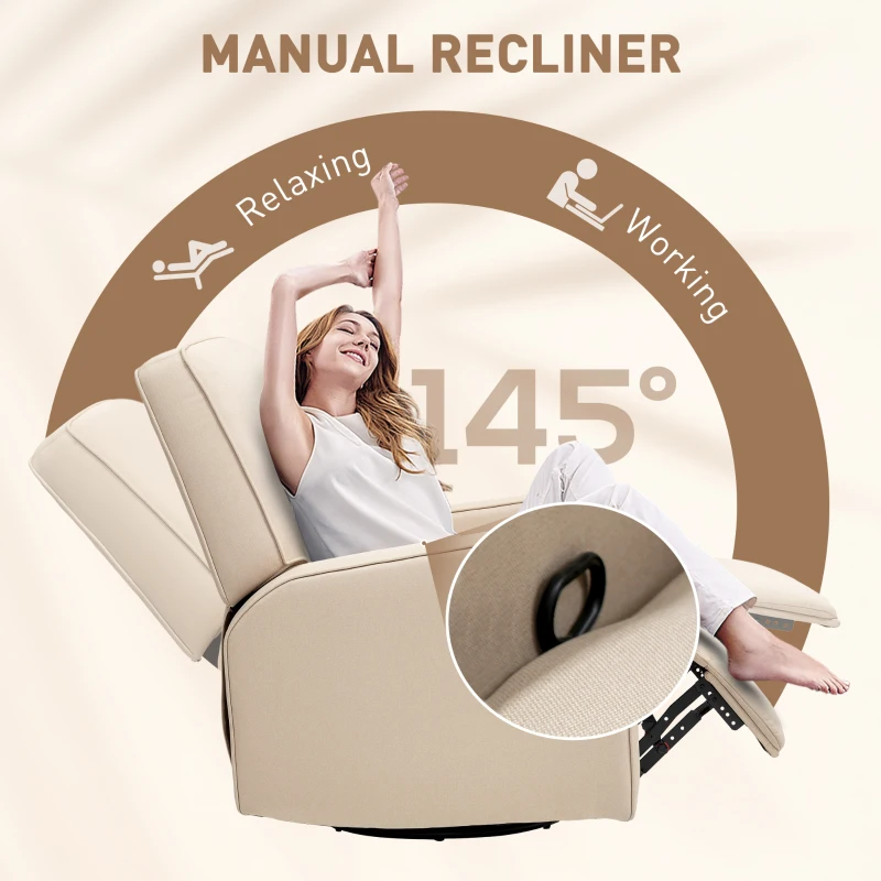 HOMCOM Manual Recliner Chair for Adults with Thick Cushion, Breathable Fabric Glider Rocking Chair for Living Room, Beige