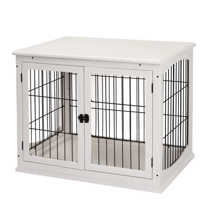 PawHut Dog Crate Furniture, 32" Small Dog Cage End Table with 2 Doors, Lockable Door, Puppy Kennel Indoor, White