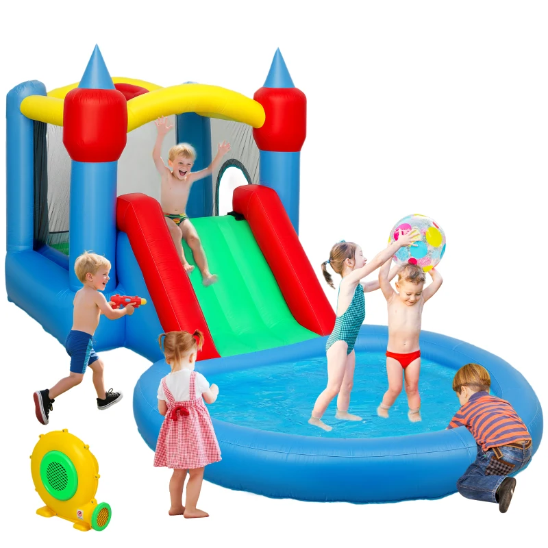 Qaba 4 in 1 Inflatable Bounce House with Slide, Basketball Hoop, Ball Pit, 370W Blower, Storage Bag, 163" x 81" x 75"