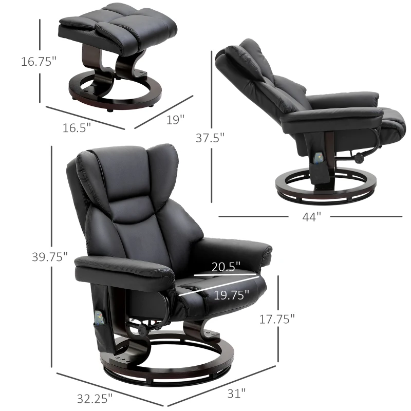 HOMCOM Massage Recliner Chair with Ottoman Footrest, 10 Vibration Points, 360° Swivel Reclining Chair, Faux Leather Living Room Chair with Side Pocket and Remote Control, Black