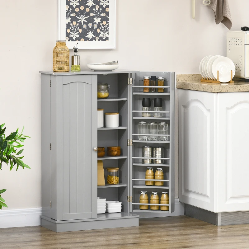 HOMCOM Freestanding Kitchen Pantry Cabinet, Kitchen Cabinet with 12 Door Shelves, Double Doors, 5-tier Shelving, Gray