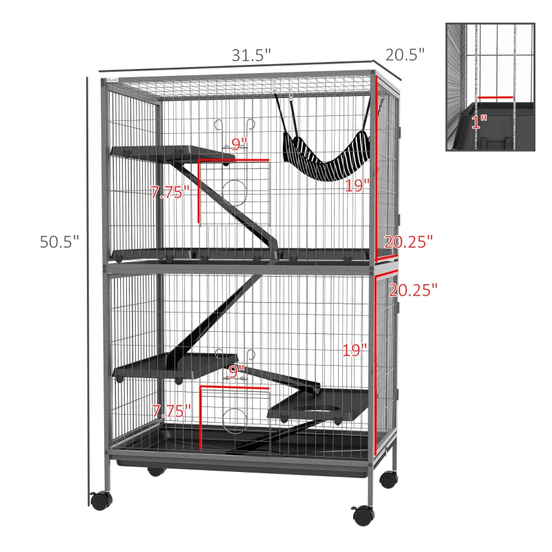 PawHut 50" H Rolling Small Animal Cage with Hammock, Ferret Cage, Chinchilla Cage, Pet Habitat with 4 Doors, Removable Tray