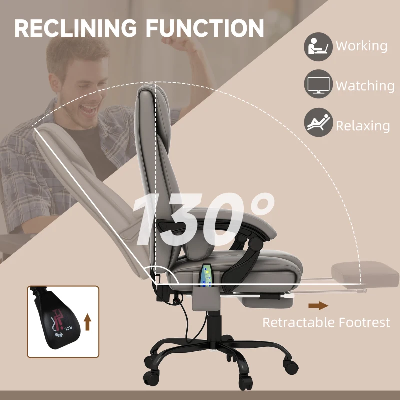 Vinsetto Massage Office Chair with 6 Vibrating Points, High Back Reclining Office Chair with Footrest and Remote, Gray