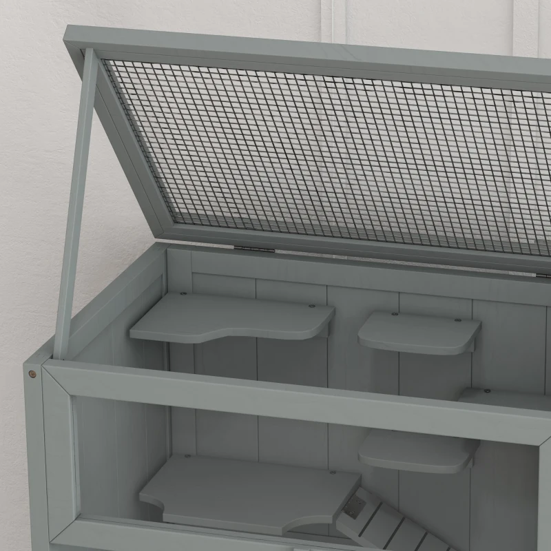 PawHut 3-Tier Wooden Hamster Cage Mice and Rat Cage Small Animals Hutch with Openable Top, Front Door, Storage Shelf, Gray