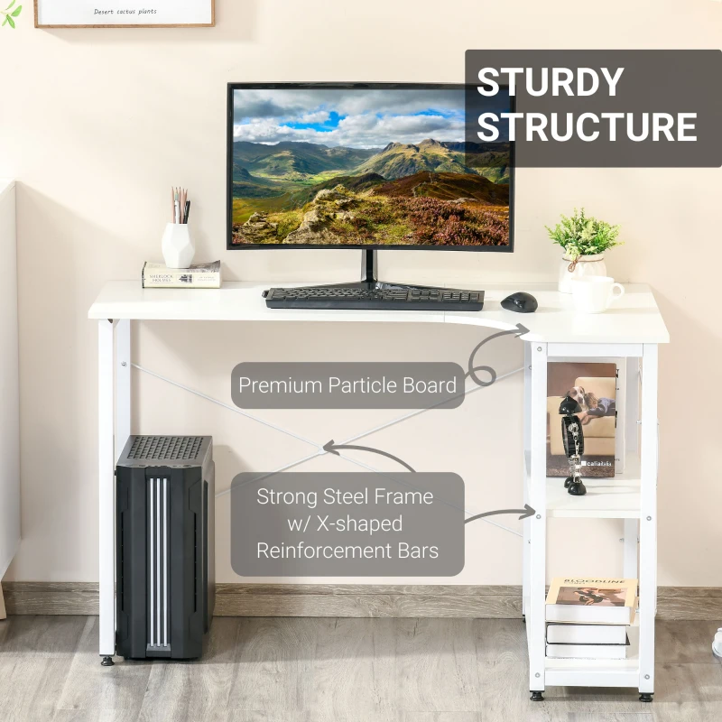 HOMCOM L-Shaped Computer Desk Home Office Corner Desk Study with Wide Desktop, 2 Side Shelves, Steel Frame, White