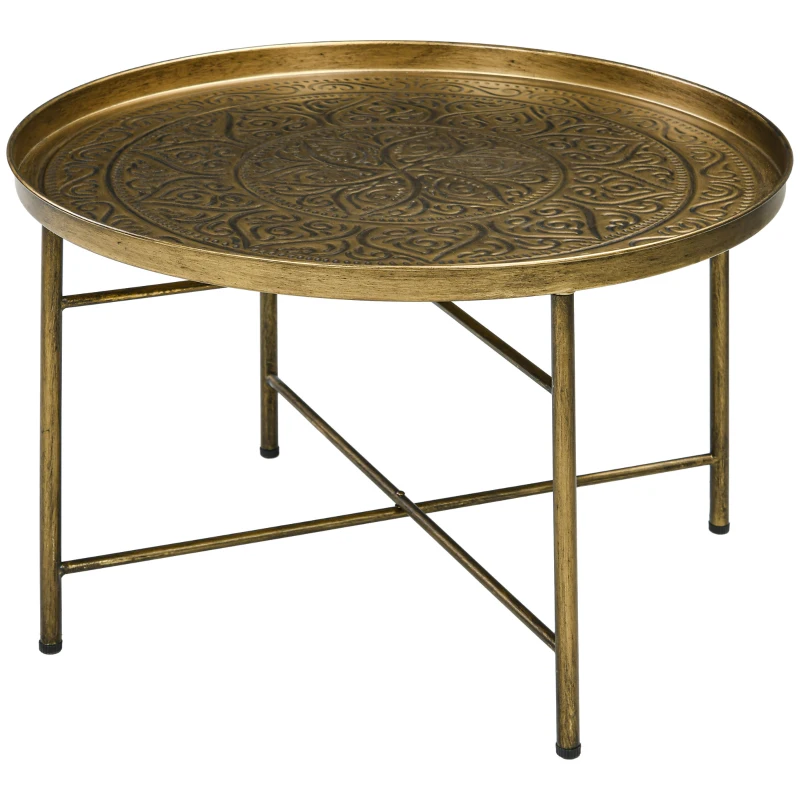 HOMCOM Vintage Coffee Table for Living Room, 24" Round Center Table with Hammered Tray Top and Metal Frame, Gold