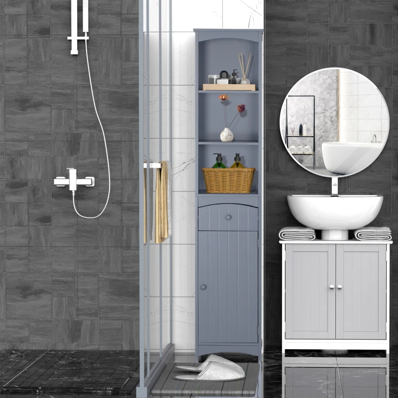 HOMCOM Bathroom Storage Cabinet, Free Standing Bathroom Storage Unit, Tall Linen Tower with 3-Tier Shelves and Drawer, Grey