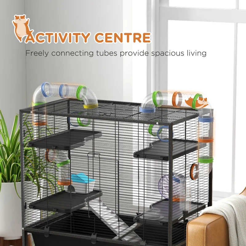 PawHut Small Animal Cage for Syrian Hamster, Gerbil Cage with Tubing System, Running Wheel, Ramps, Platforms