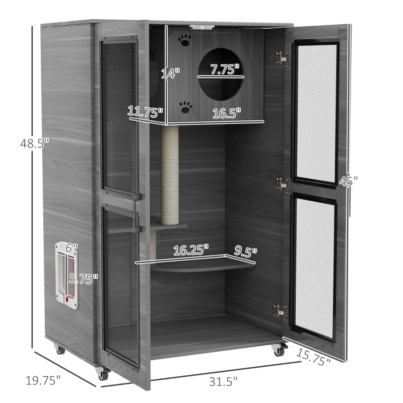 PawHut Cat Tree House with Scratching Post and Wheels, Gray