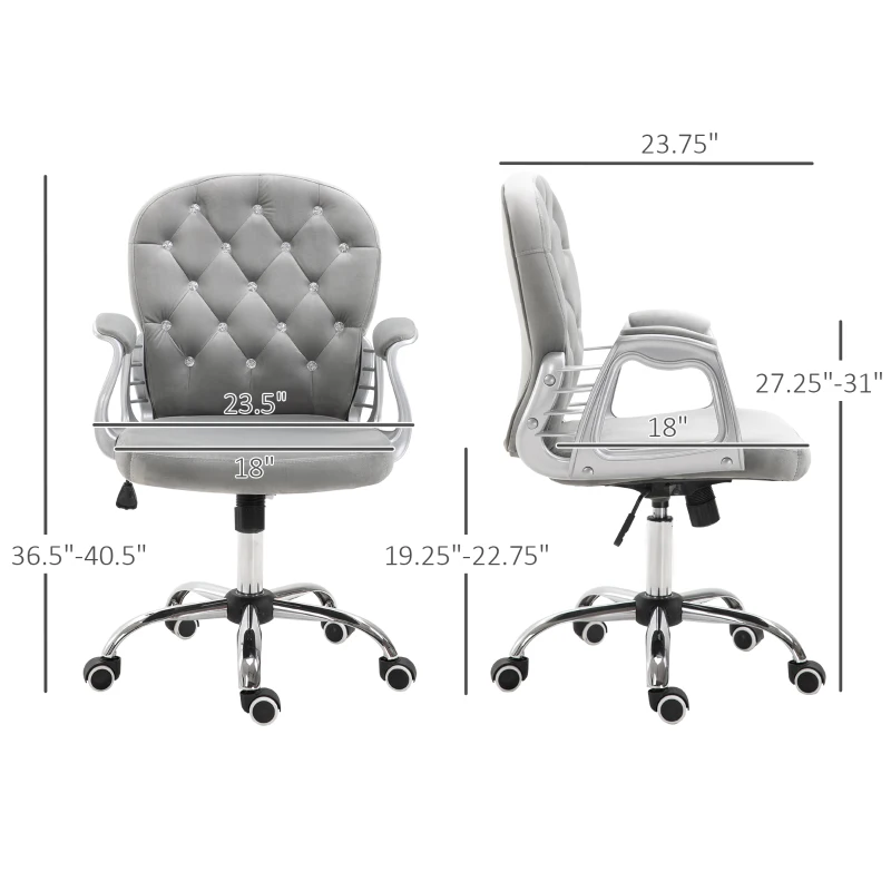 Vinsetto Velvet Home Office Chair, Button Tufted Desk Chair with Padded Armrests, Adjustable Height and Swivel Wheels, Gray