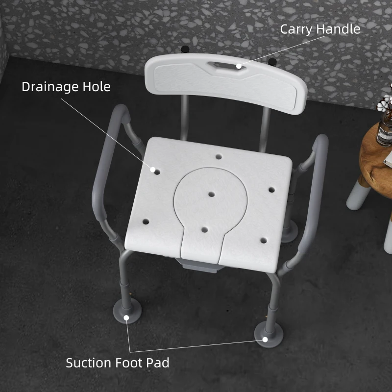 HOMCOM 3-in-1 Shower Chair with Back and Arms, Height Adjustable Bedside Commode, Raised Toilet Seat with Non-Slip Rubber Foot Pad for Seniors, Disabled, White
