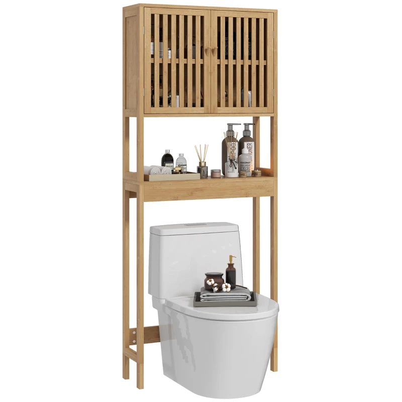 HOMCOM Over the Toilet Cabinet, Bamboo Bathroom Above Toilet Storage with Slatted Doors and Adjustable Shelf, Natural