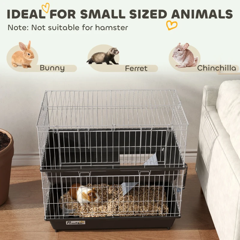 PawHut 2-Tier Small Animal Cage with 2 Doors, Trays, Dish, Bottle, and Ramp for Bunny, Ferret, Chinchilla, Black