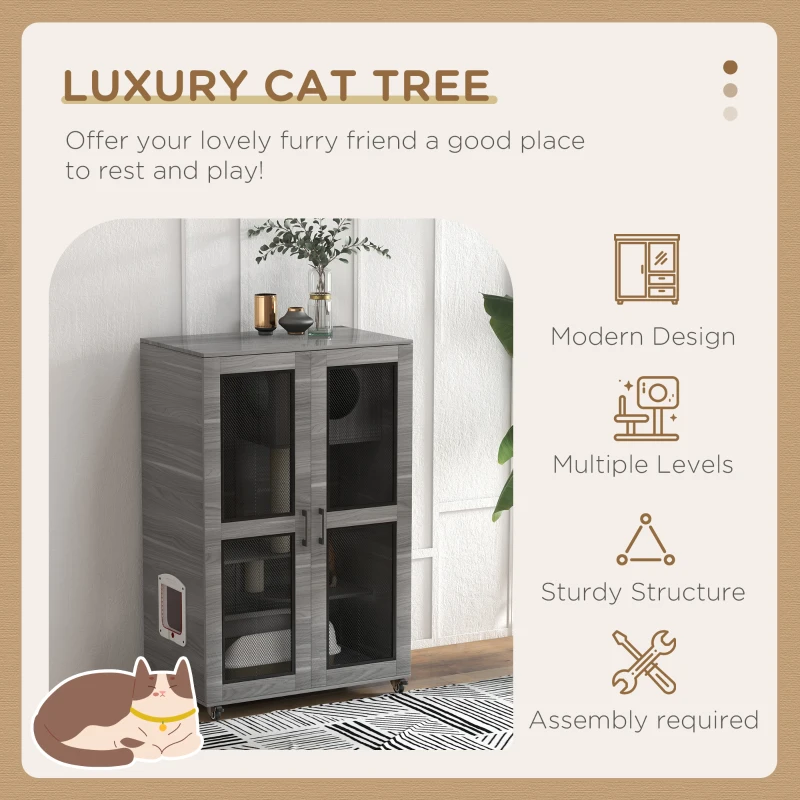 PawHut Cat Tree House with Scratching Post and Wheels, Gray