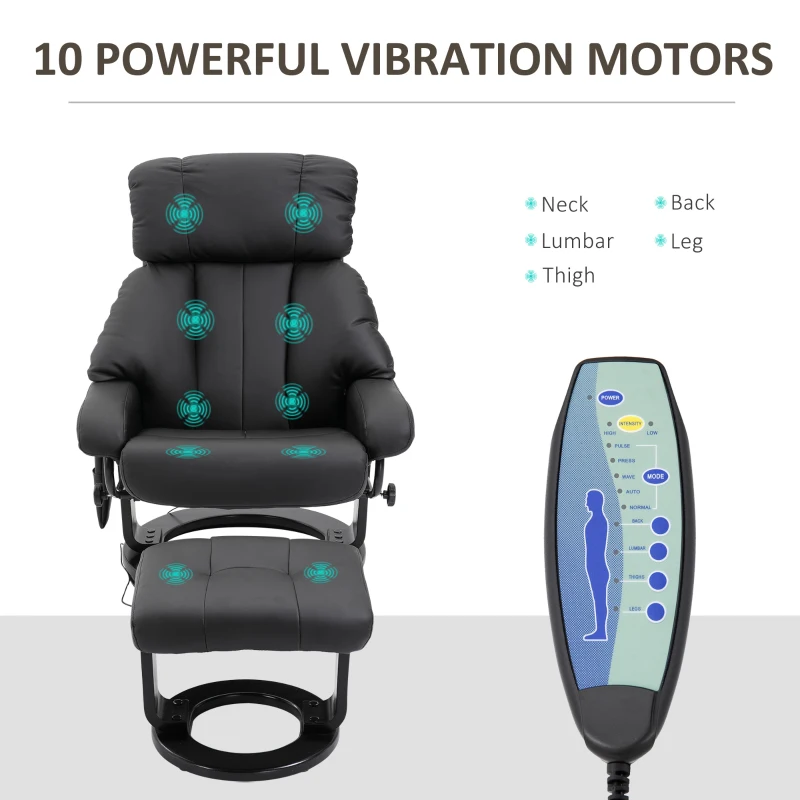 HOMCOM Massage Recliner Chair with Ottoman, 360° Swivel Recliner and Footstool, 10 Point Vibration, PU Leather Reclining Chair with Side Pocket and Remote Control, Black