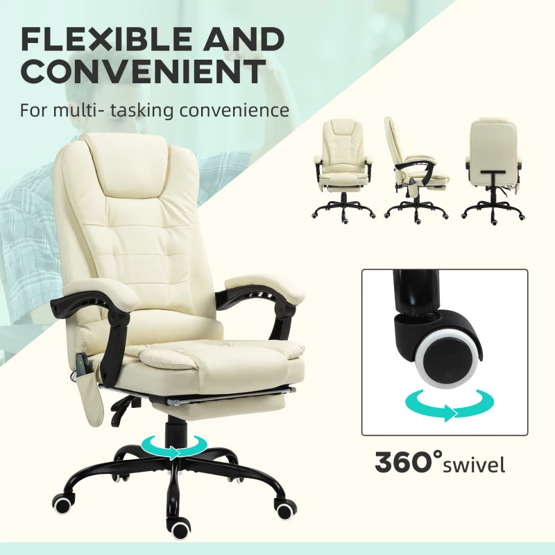 Vinsetto 7-Point Vibrating Massage Office Chair High Back Massaging Office Desk Chair with Lumbar Support, Footrest, Cream White