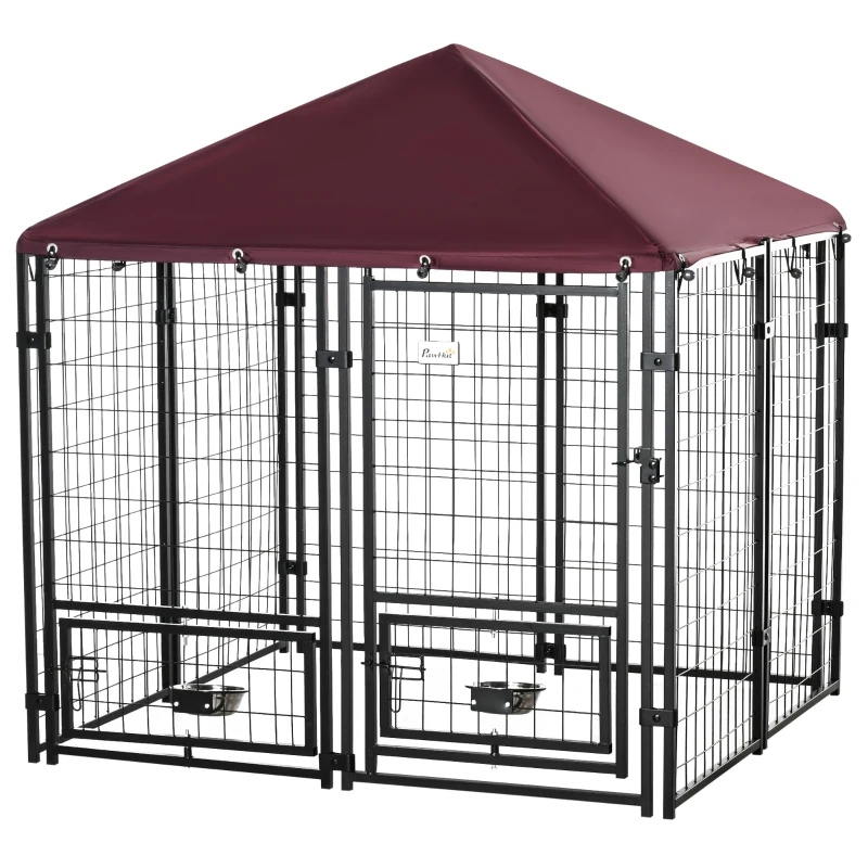 PawHut Outdoor Dog Kennel with Rotating Bowl Holders, Pet Playpen with Waterproof Cover, 4.6' x 4.6' x 5', Red