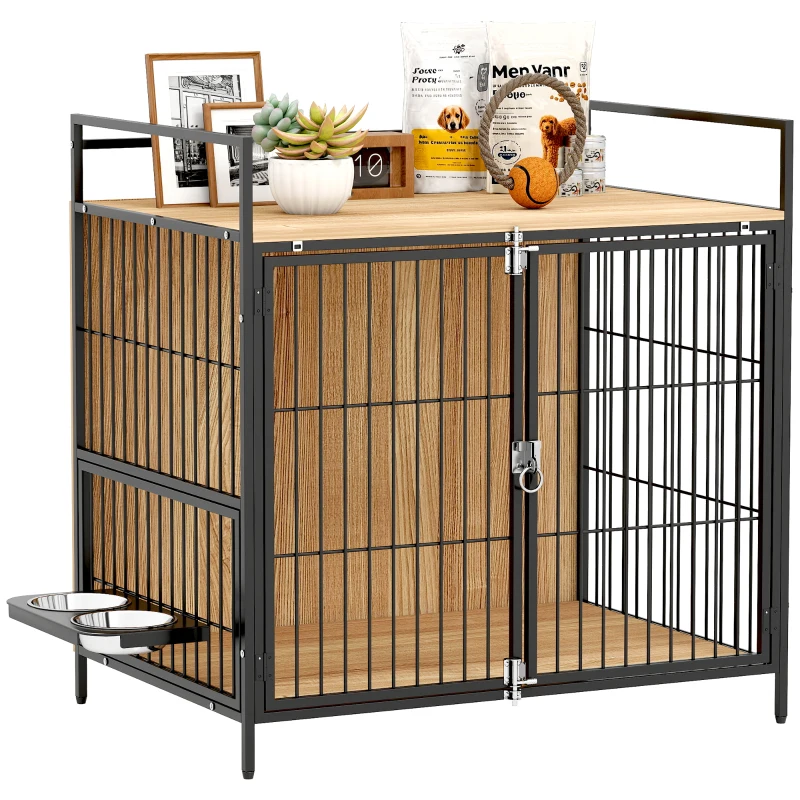 PawHut 30 Inch Dog Crate Furniture, Indoor Pet Kennel Side Table with Rotatable Bowls, 2 Anti-Escape Doors, for M Dogs, Oak