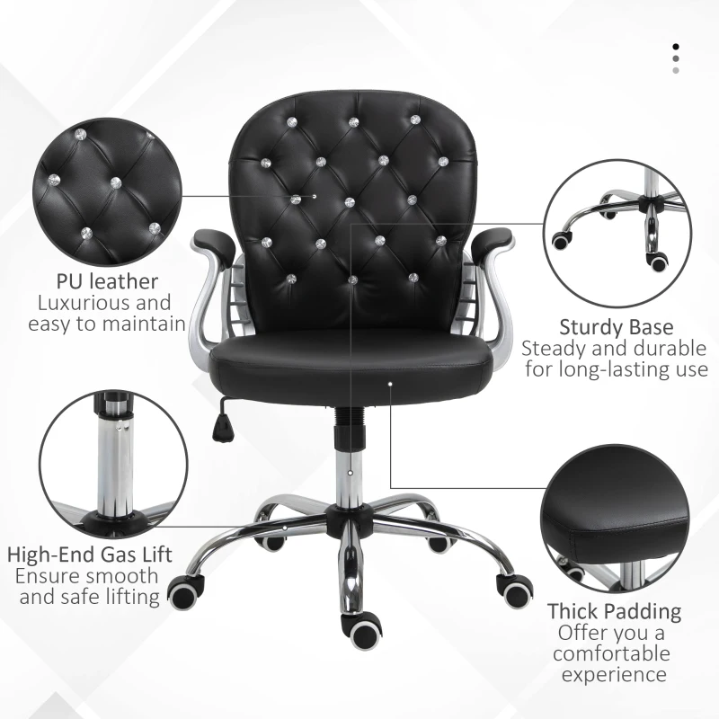 Vinsetto PU Leather Home Office Chair, Button Tufted Desk Chair with Padded Armrests, Adjustable Height and Swivel Wheels, Black