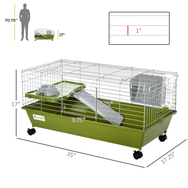 PawHut 35"L Small Animal Cage, Rolling Bunny Cage, Guinea Pig Cage with Food Dish, Water Bottle, Hay Feeder, Platform, Ramp for Chinchilla, Green