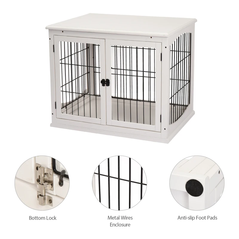 PawHut Dog Crate Furniture, 32" Small Dog Cage End Table with 2 Doors, Lockable Door, Puppy Kennel Indoor, White