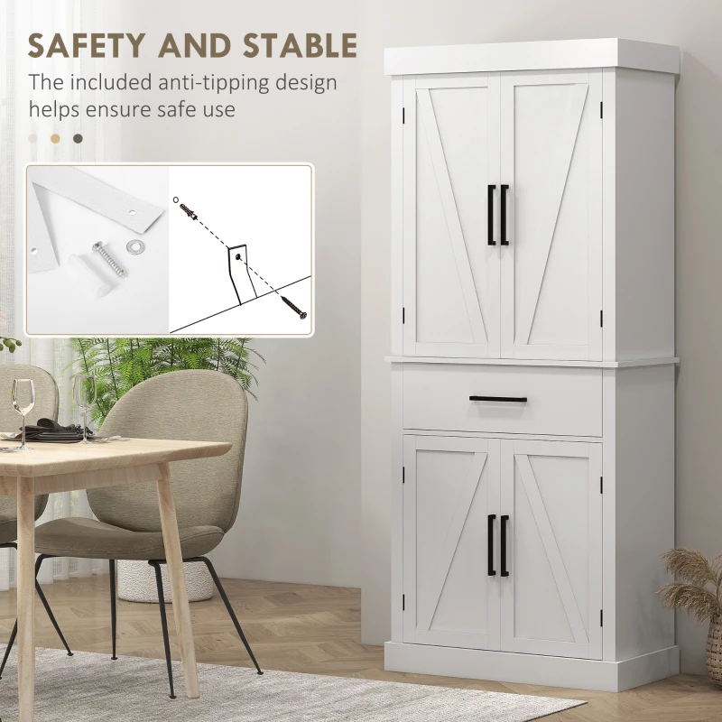 HOMCOM 72" Tall Kitchen Cabinet, Kitchen Pantry Cabinet with Barn Doors, Drawer, 5-Tier Shelf and Adjustable Shelves, White