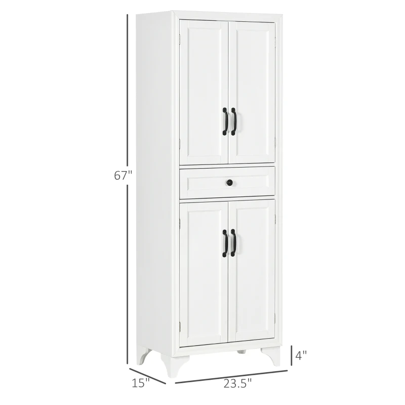 HOMCOM 67" 4-Door Kitchen Pantry with Drawer and Adjustable Shelves, White
