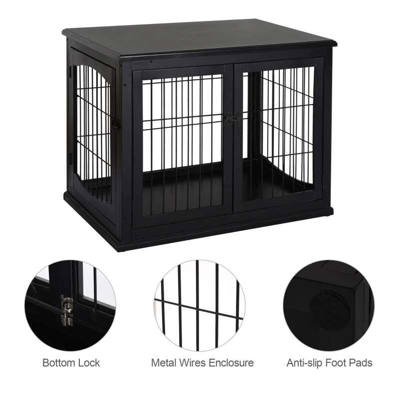 PawHut Dog Crate Furniture, 32" Small Dog Cage End Table with 2 Doors, Lockable Door, Puppy Kennel Indoor, Black