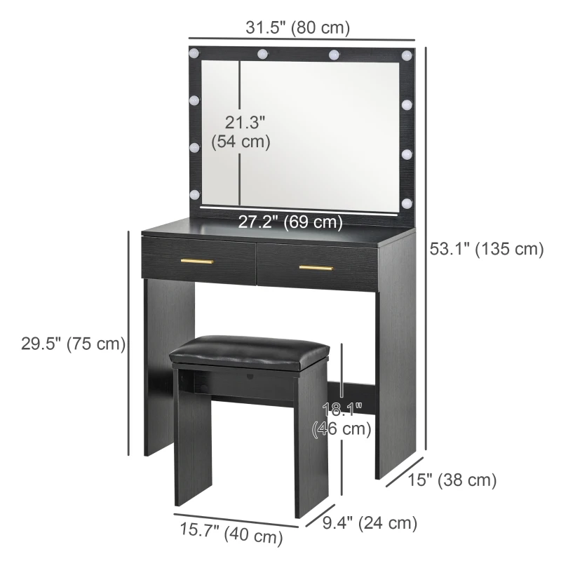 HOMCOM Makeup Vanity Table Set with Stool, Dressing Table with LED Lighting Mirror, Drawers, for Bedroom, Black