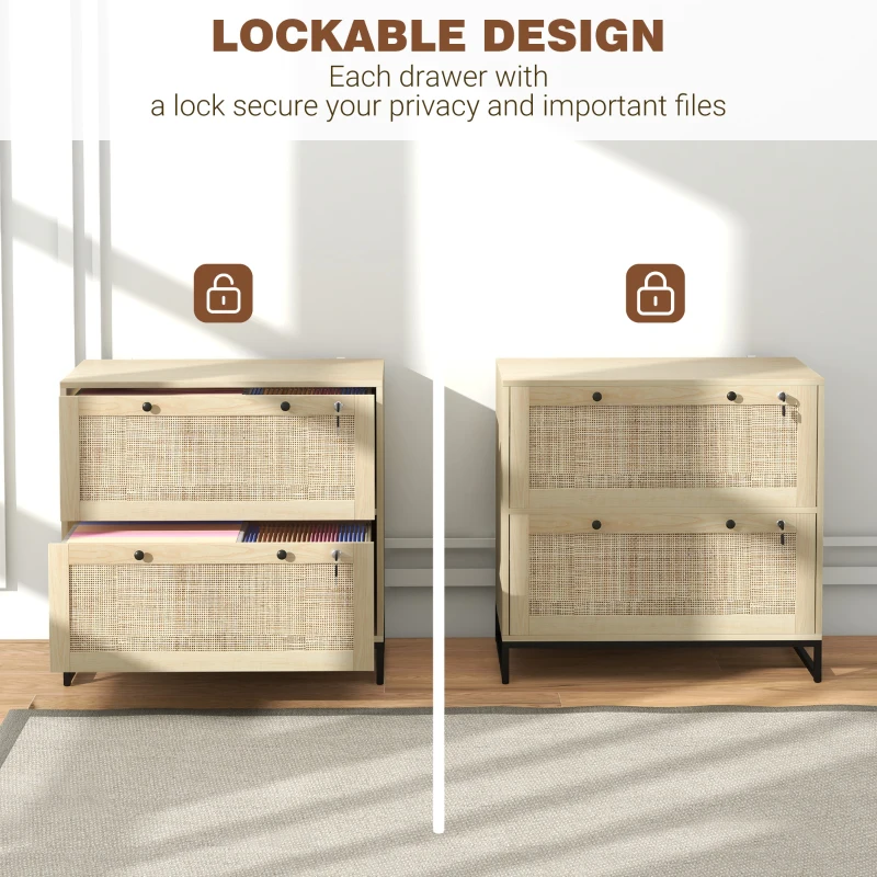 Vinsetto 2-Drawer Filing Cabinet with Lock, Rattan File Cabinet with Adjustable Hanging Bar, Natural