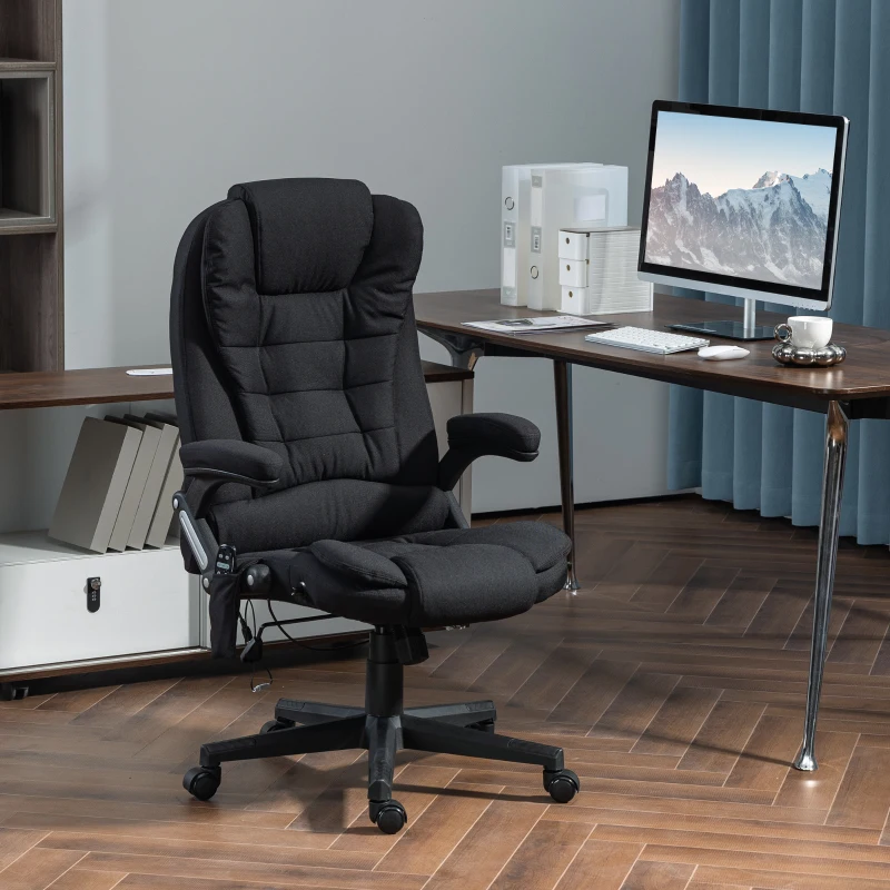 HOMCOM 6 Point Vibrating Massage Office Chair with Heat, Linen High Back Massage Desk Chair with Reclining Backrest, Black