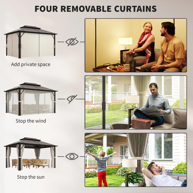 Outsunny 10' x 13' Hardtop Gazebo Canopy with UPF30+ Double Polycarbonate Roof, Aluminum Frame, Netting and Curtains, Beige