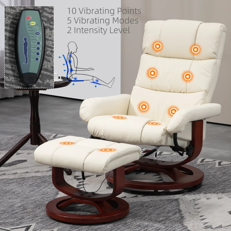 HOMCOM Swivel Recliner with Ottoman Massage, Recliner Chair and Ottoman, Faux Leather Reclining Chair with Remote, Cream White