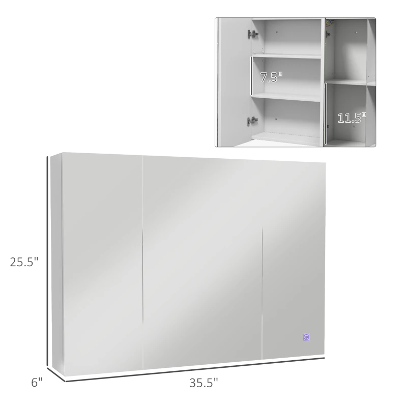 kleankin Bathroom Mirror Cabinet with Light, Bathroom Storage Cupboard with USB Charge, Adjustable Shelf, 35.5"W x 25.5"H, White
