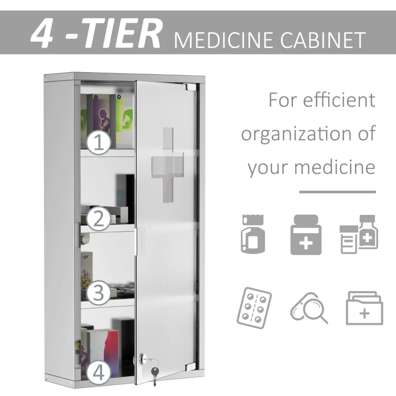 HOMCOM 12" x 24" Lockable Medicine Cabinet, 4 Tier Stainless Steel Medical Wall Box with 2 Keys and Shelves for Bathroom