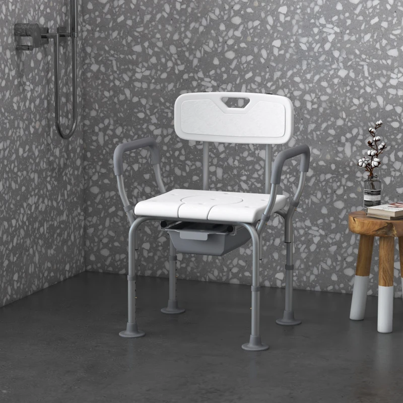 HOMCOM 3-in-1 Shower Chair with Back and Arms, Height Adjustable Bedside Commode, Raised Toilet Seat with Non-Slip Rubber Foot Pad for Seniors, Disabled, White