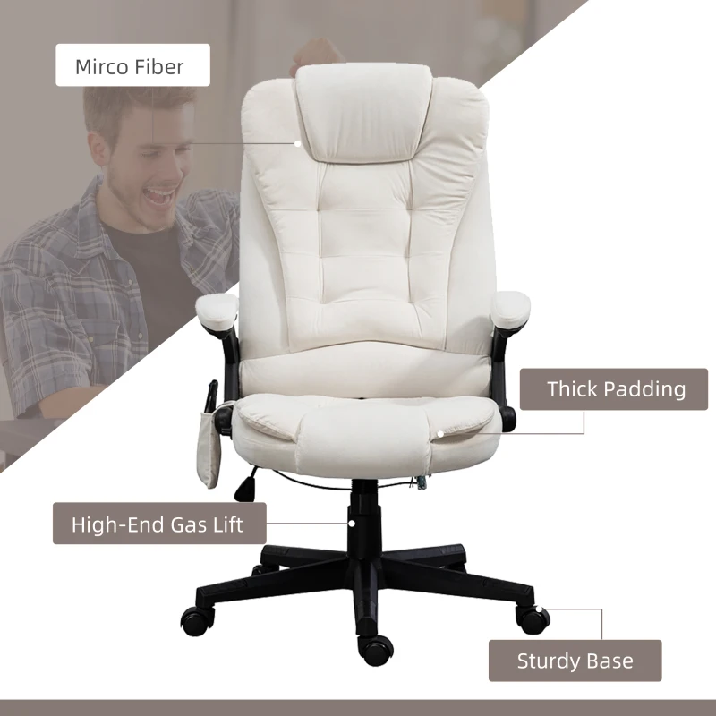 Vinsetto 6 Point Executive Office Chair with Heat, Velvet High Back Vibrating Massage Office Chair, Cream White