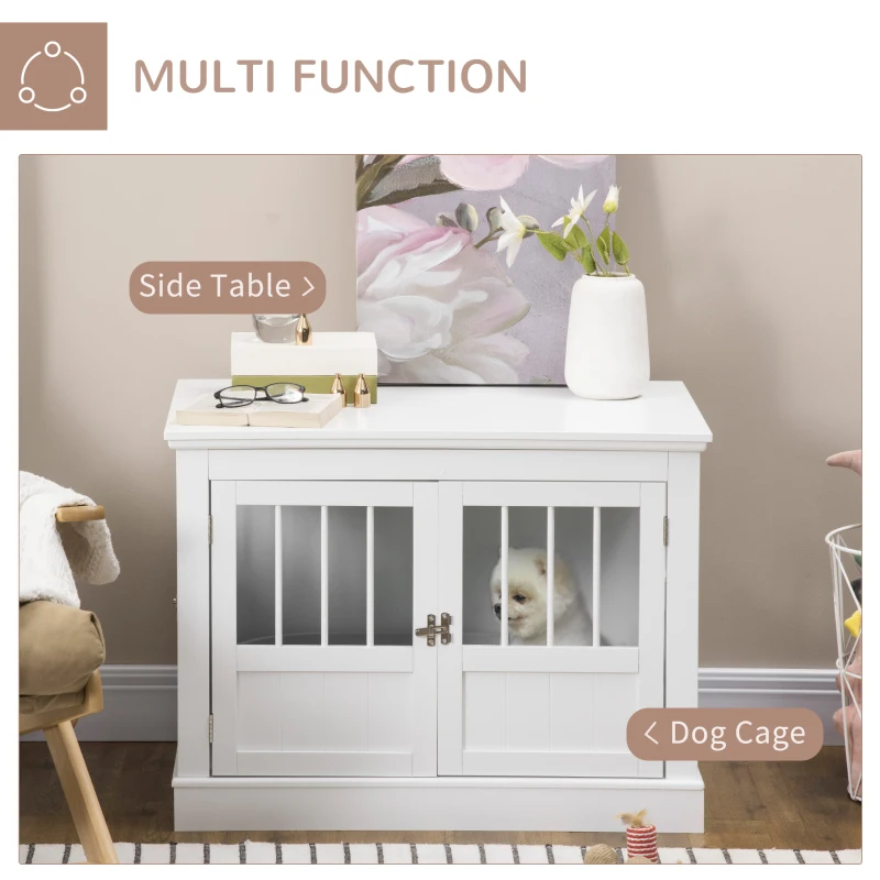 PawHut Wooden Dog Crate End Table, Dog Crate Furniture with Triple Doors, Puppy Crate for Small Dogs Indoor Use, White