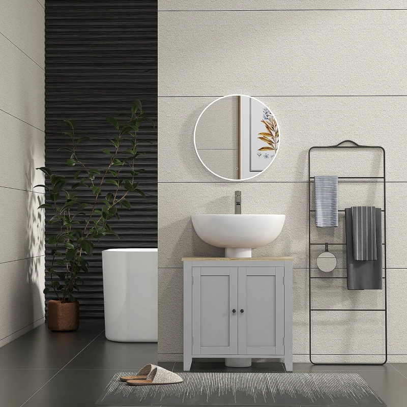 kleankin Bathroom Vanities, Pedestal Sink Cabinet with U-Shaped Cut-out and Adjustable Shelf, Gray