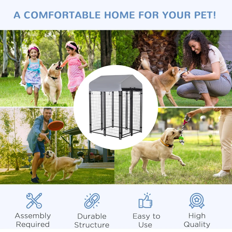 PawHut Outdoor Dog Kennel with Roof, 4' x 4' x 6' Heavy Duty Welded Wire Dog Playpen Enclosure with Escape-proof Lock, UV-Resistant & Waterproof Cover, for Medium Dogs, Chickens, Ducks, Silver