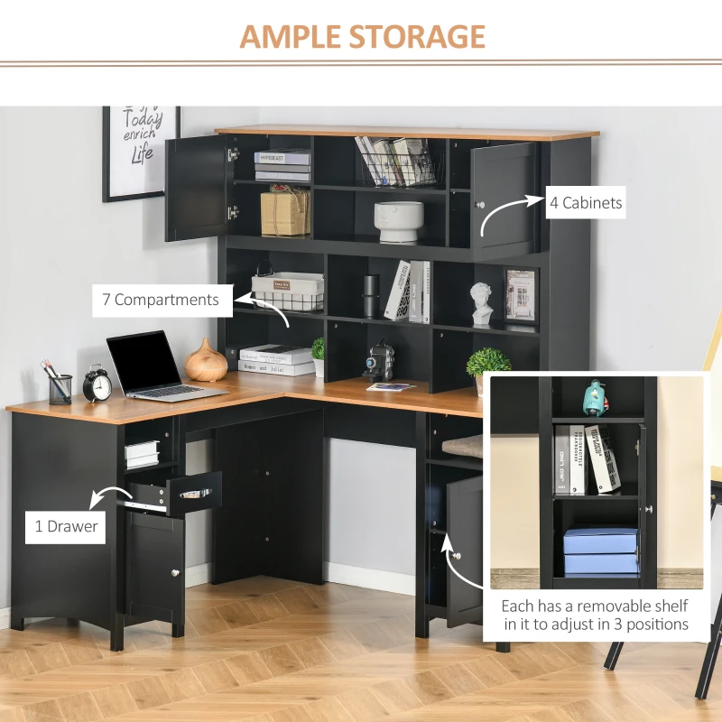 HOMCOM L Shaped Computer Desk with Hutch, 59" Corner Desk, Space Saving Home Office Desk with Storage Shelves, Drawer and Cabinet, Black
