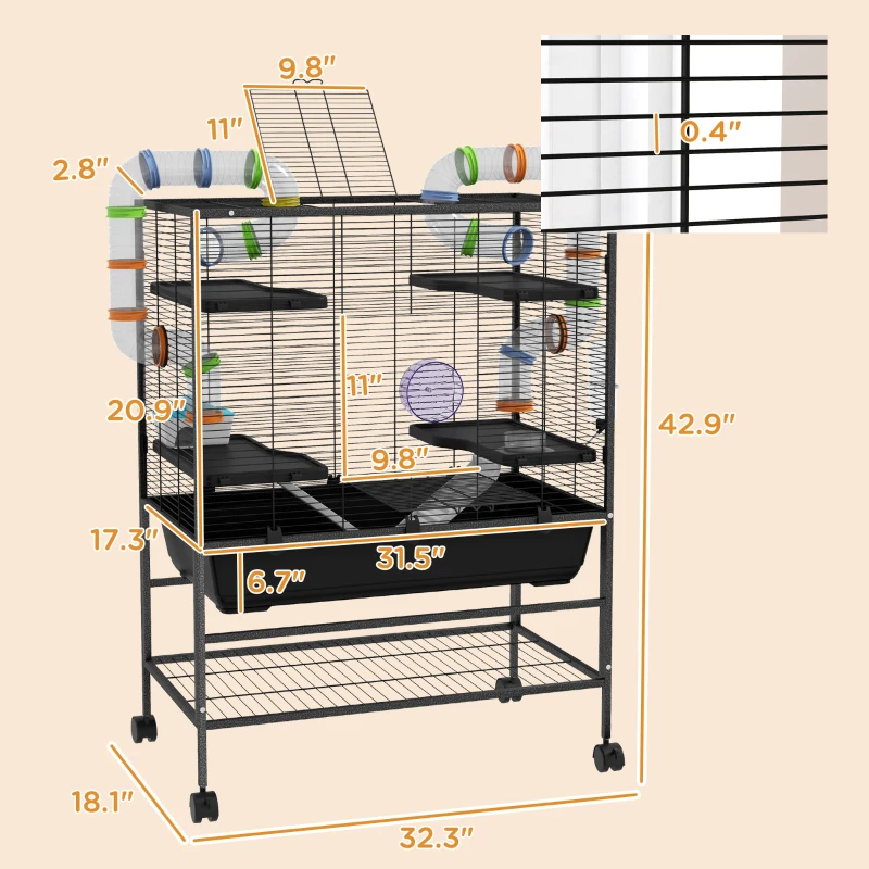 PawHut Small Animal Cage for Syrian Hamster, Gerbil Cage with Tubing System, Running Wheel, Ramps, Platforms
