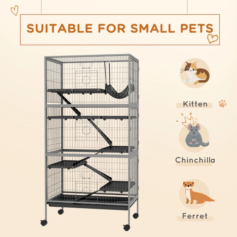 PawHut 63" H Rolling Small Animal Cage with Hammock, Ferret Cage, Chinchilla Cage, Pet Habitat with 6 Doors, Removable Tray