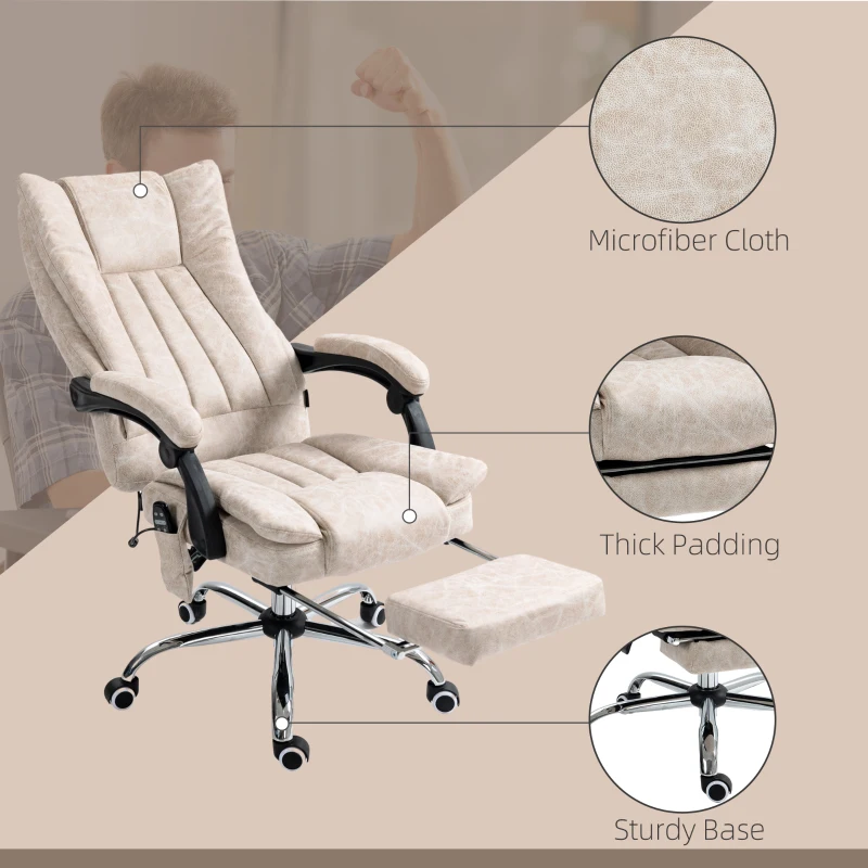 Vinsetto Massage Office Chair with 6 Points and Heat, Reclining Computer Chair with Adjustable Height and Footrest, Cream White