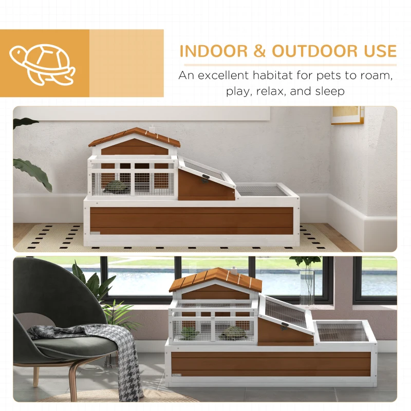PawHut 3-Room Tortoise Habitat House w/ Balcony & 2 Stories, 44" x 25.5" x 25", Coffee